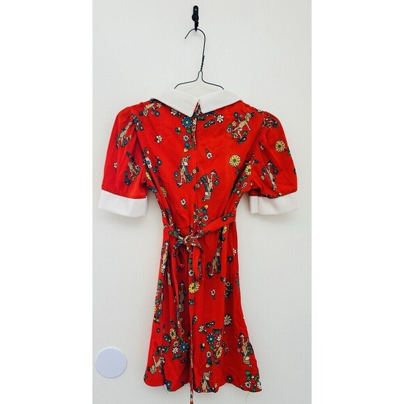 VTG 70s Retro Daisy Native American Print White Wing Collared Girls Red Dress - Picture 4 of 6